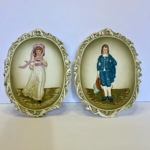 Lefton China Decorative Oval Wall Plaques Set Pinkie BlueBoy Vintage MCM